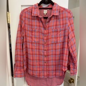 Anthropologie pink plaid flannel button down shirt